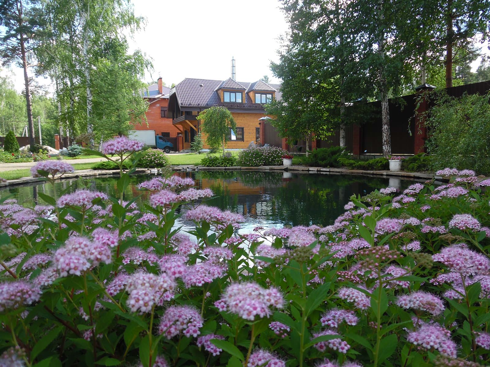 Современный сад с большим прудом.