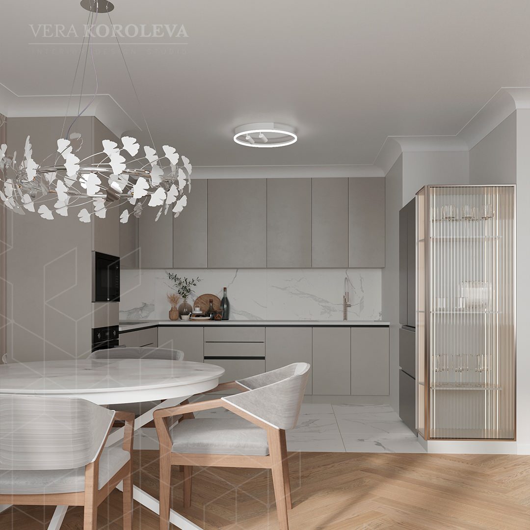 Угловая кухня в бежевых тонах.