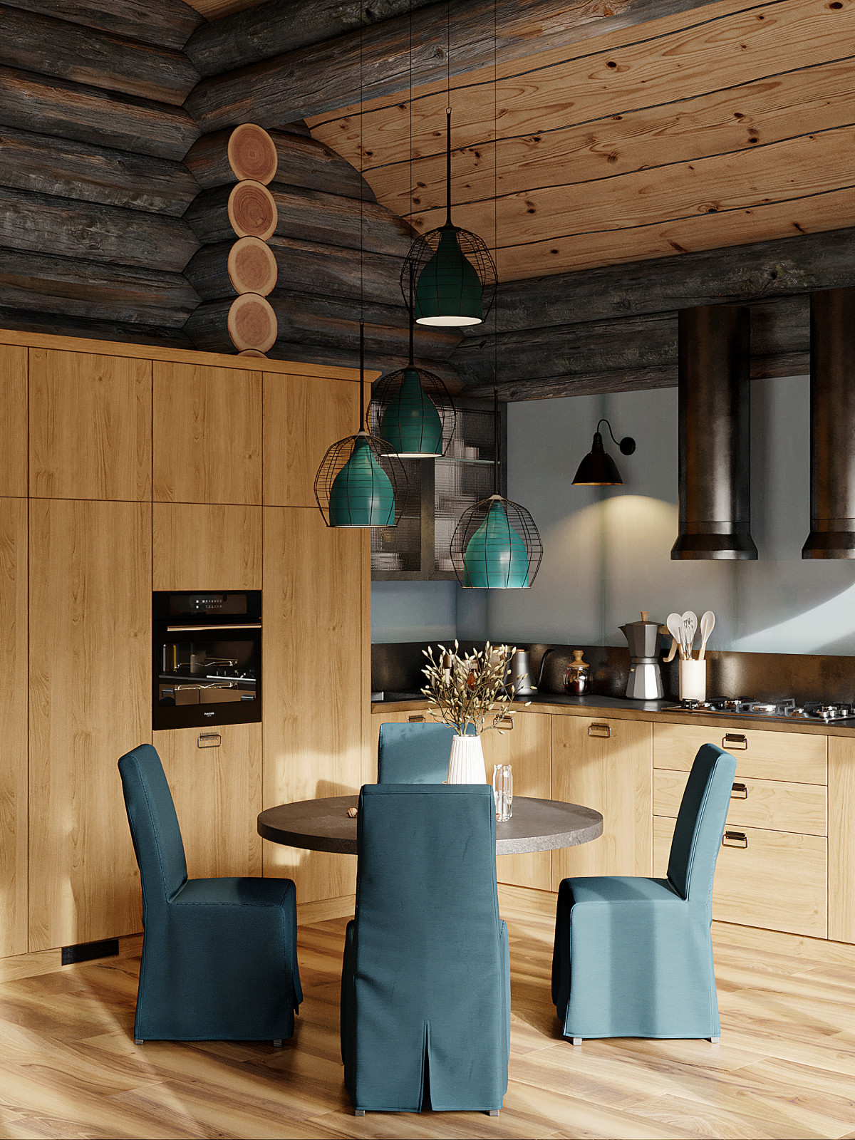 Дом из кело для рыбалки. Кухня-гостиная