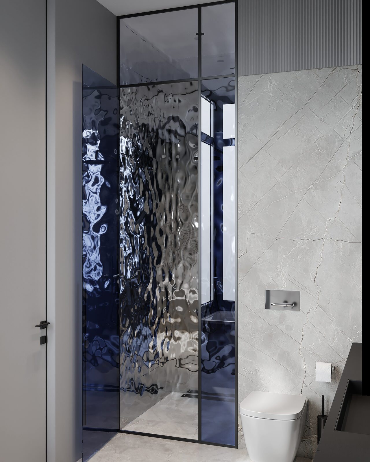 Монохромный интерьер ванной комнаты с необычной душевой