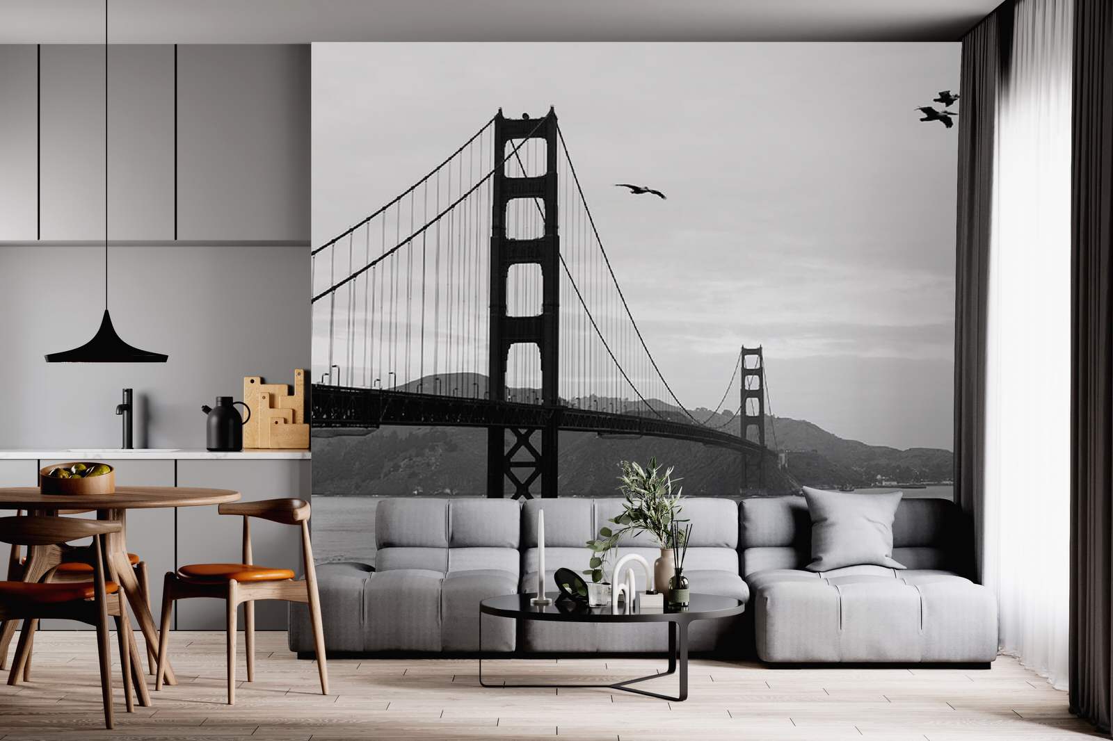 Панорама ночного города в оформлении гостиной