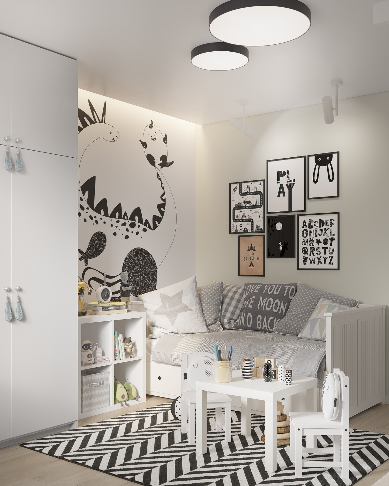 Обложка проекта: Уютная детская с яркими чёрно-белыми деталями