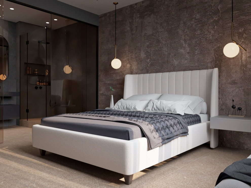 Стильная спальня с ванной за стеклянной перегородкой