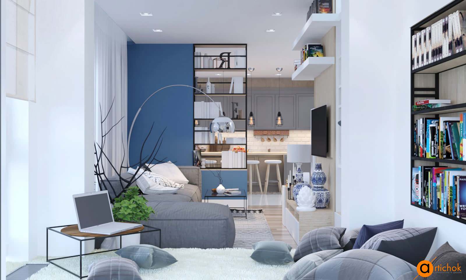 Дизайн гостиной в голубом и белом цвете