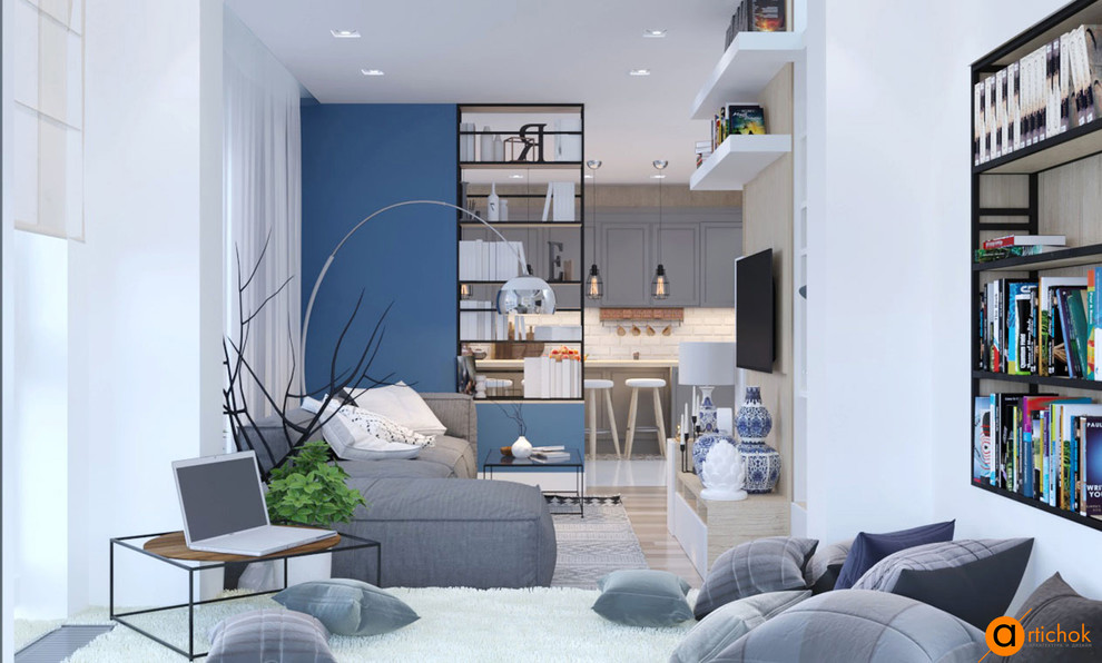 Дизайн гостиной в голубом и белом цвете