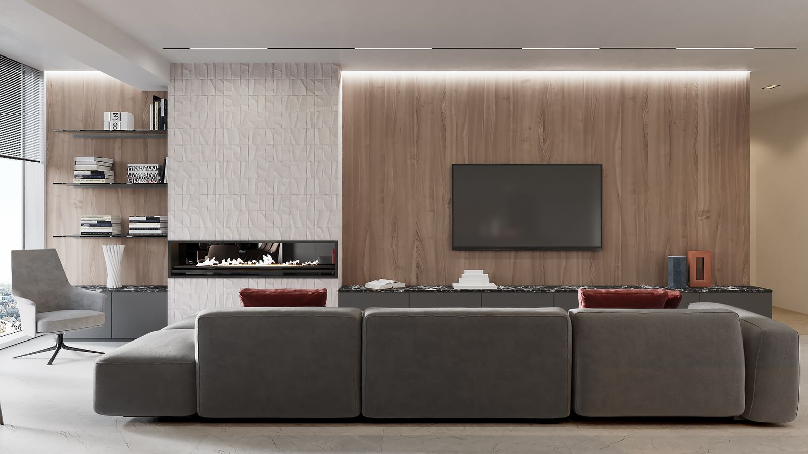 Современная кухня-гостиная с цветными элементами