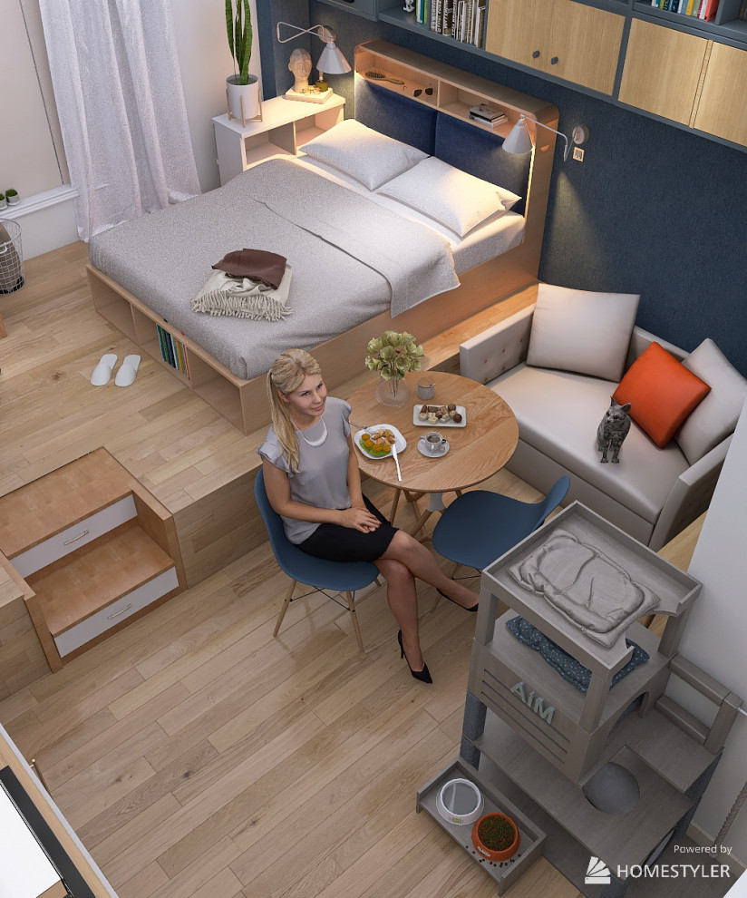 Квартира-студия с кроватью на подиуме для семейной пары