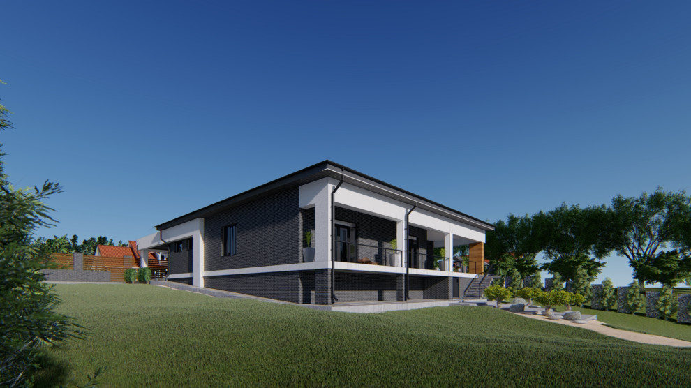 Проект жилого одноэтажного дома с террасой гаражом и навесом под одну машину