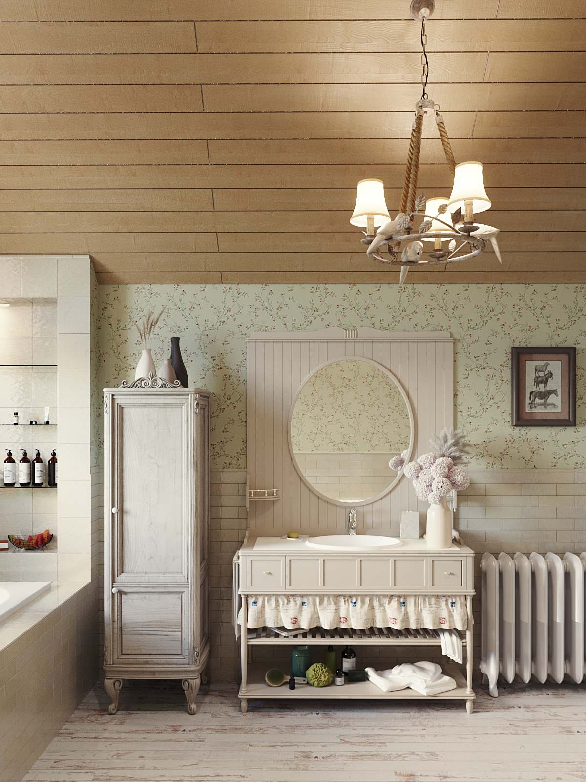 Ванная комната 2-ого этажа. Вид на мебельный гарнитур с раковиной и зеркалом.