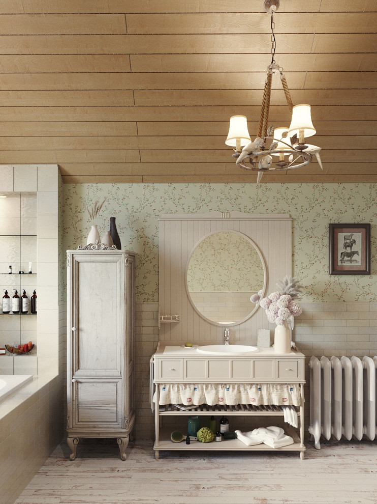 Ванная комната 2-ого этажа. Вид на мебельный гарнитур с раковиной и зеркалом.