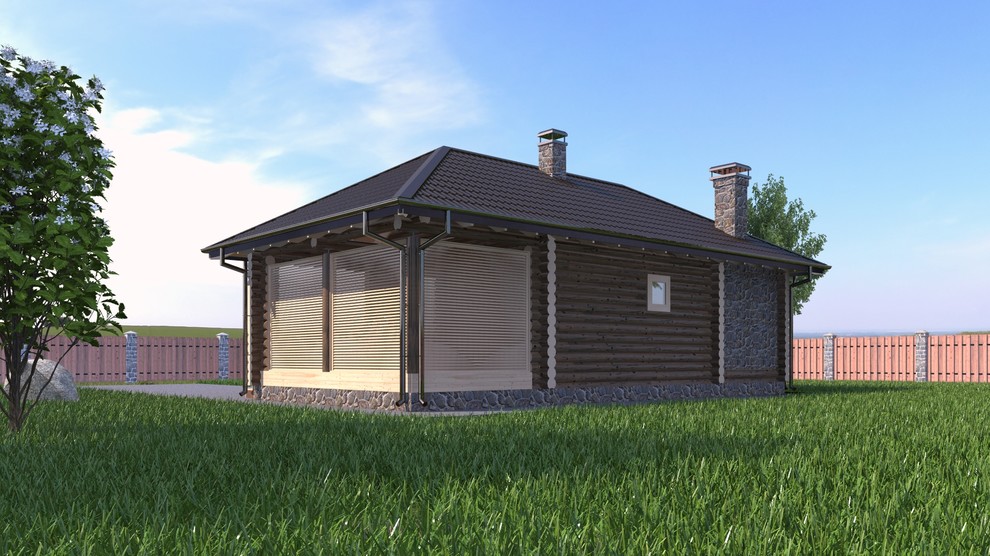 одноэтажная баня с застекленной верандой и дровяником