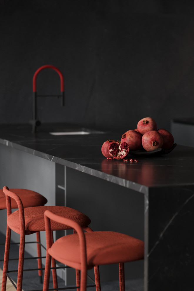 Двухуровневая квартира в тёмных оттенках с яркими акцентами