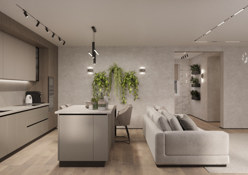 Современный дизайн кухни-гостиной