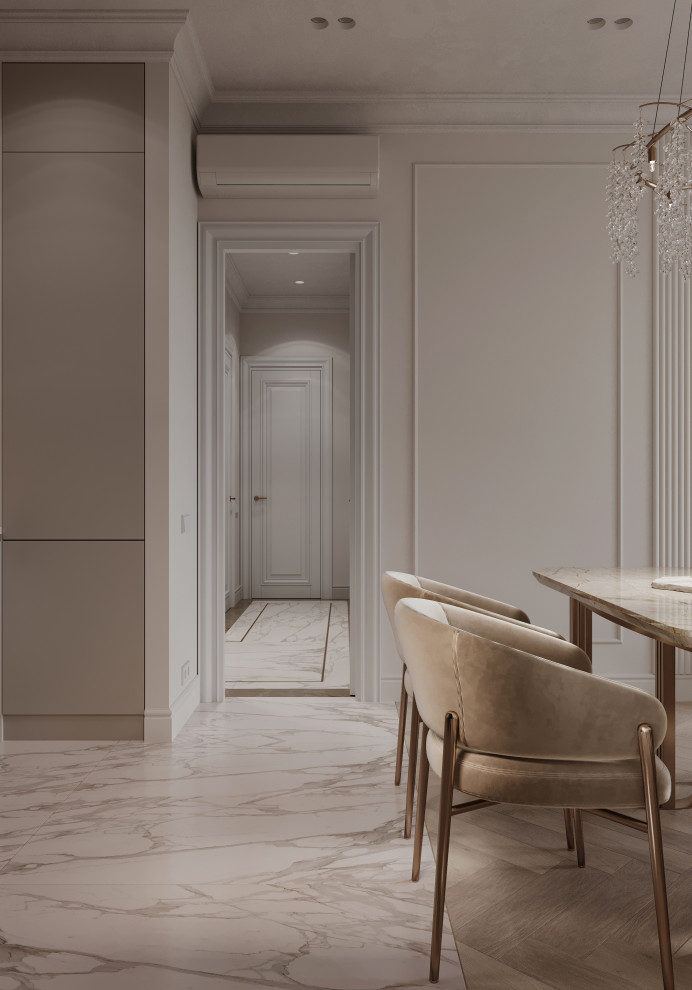 Интерьер бежевое кухни-гостиной 21м2