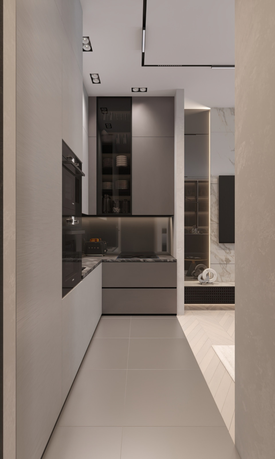 Вид на зону кухни из коридора