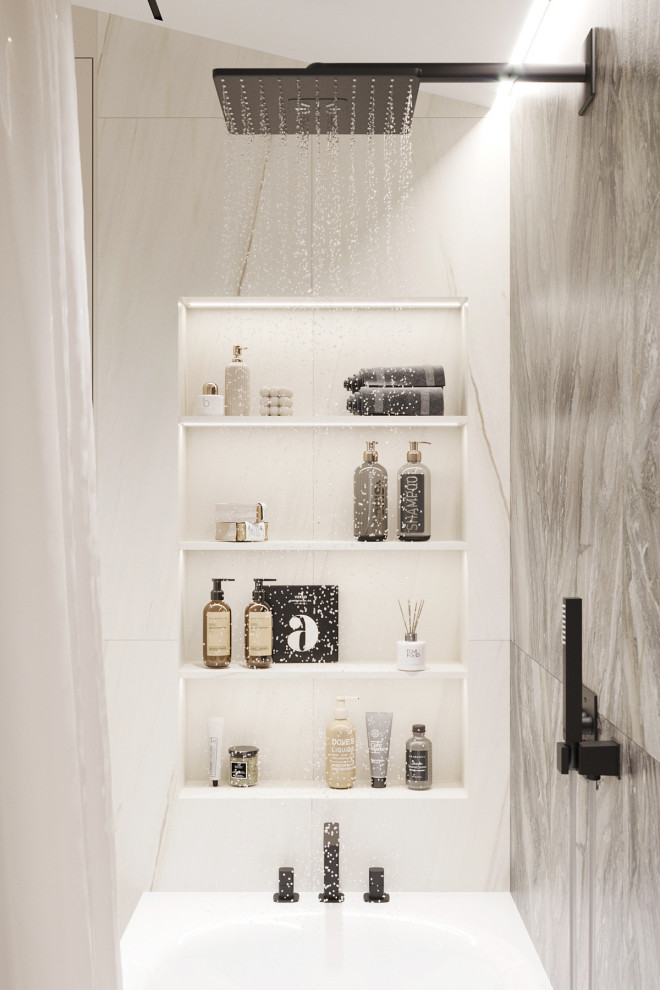 Белые интерьеры спальни и ванной комнаты