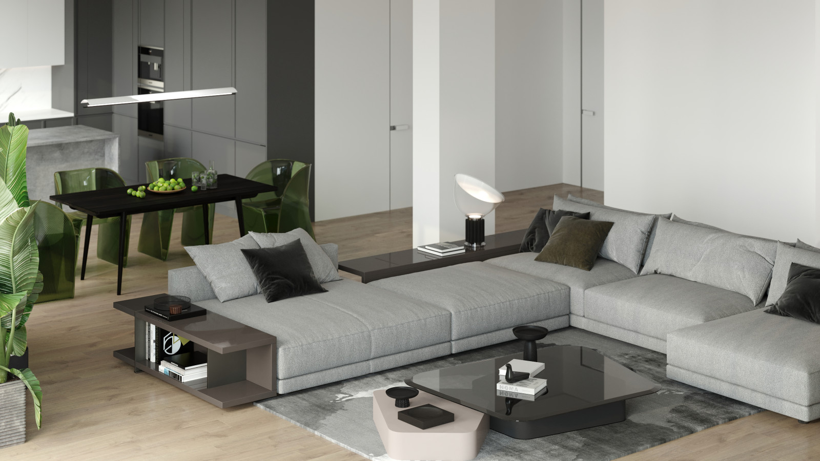 Дизайн и визуализация кухни-гостиной в загородном доме