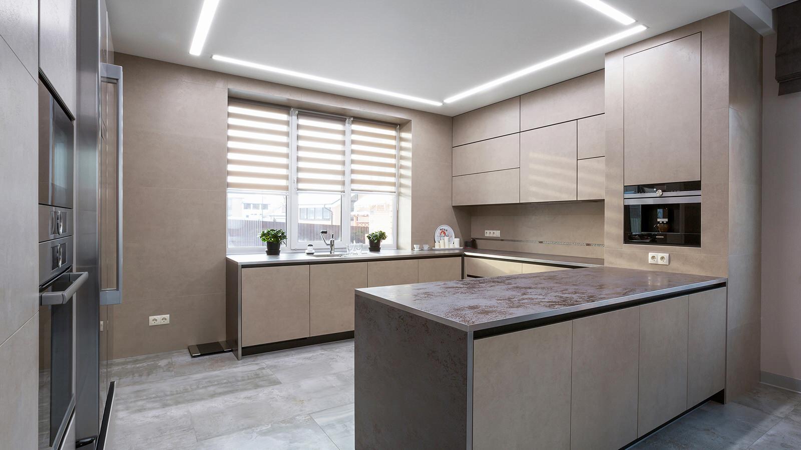 Кухня-гостиная из керамики, текстуры камень, цемент, металл