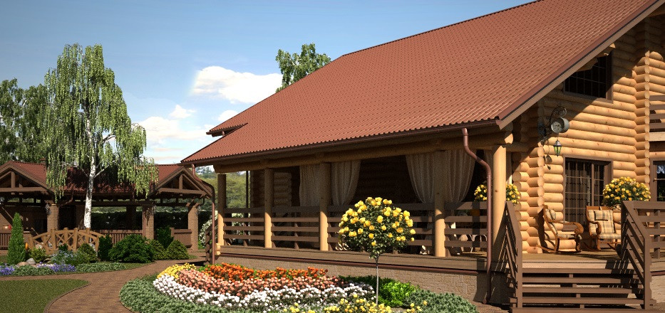 Ландшафтный дизайн для дома из оцилиндрованного бревна