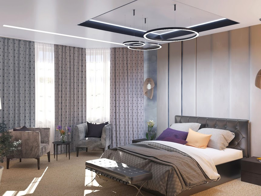 Реализация 2018. Спальня и ванная в частном доме 240 м²