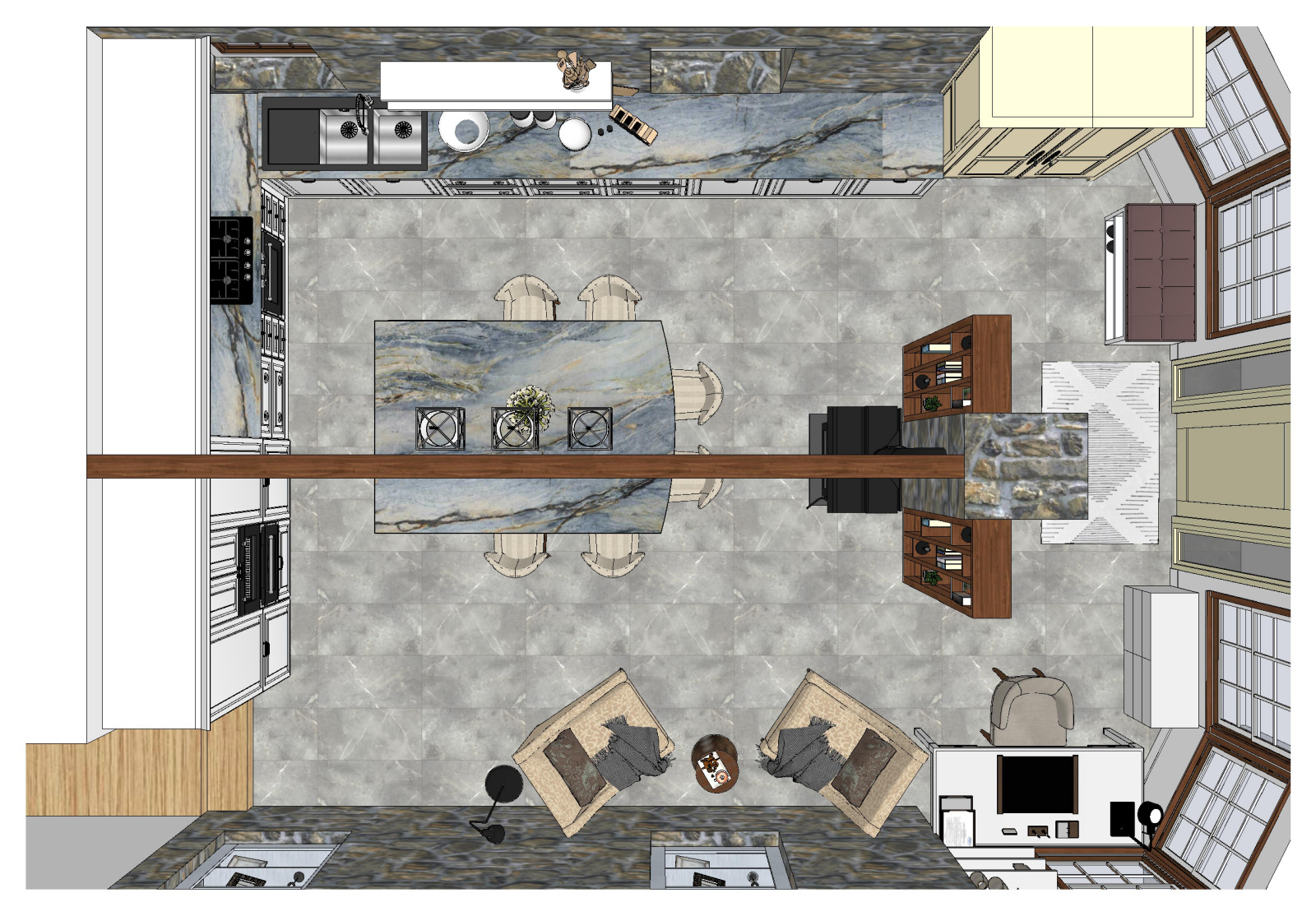 Кухня с большим островом в частном доме в США