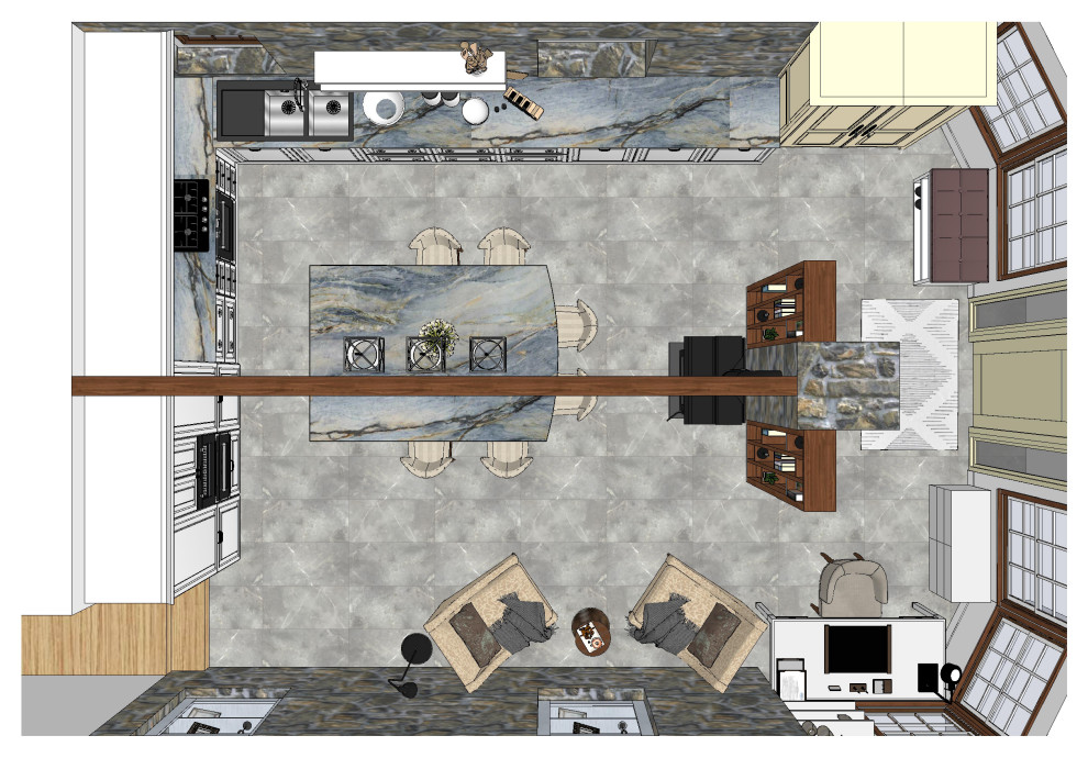 Кухня с большим островом в частном доме в США
