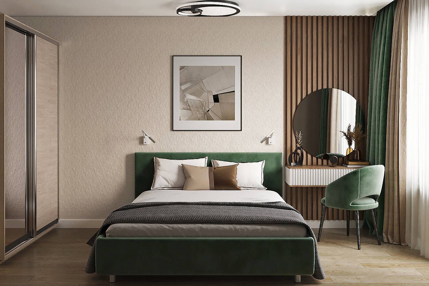 Спальня с оттенками зеленого в современном стиле