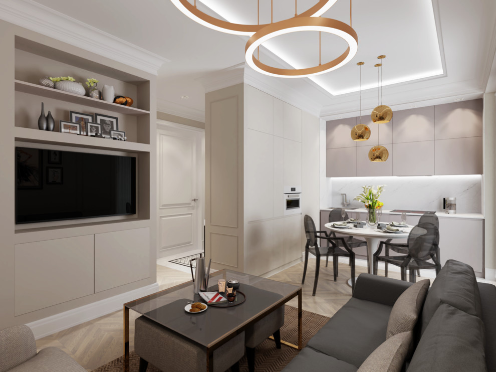 Квартира с французким акцентом в ЖК Ривер Парк. Кухня-гостиная.