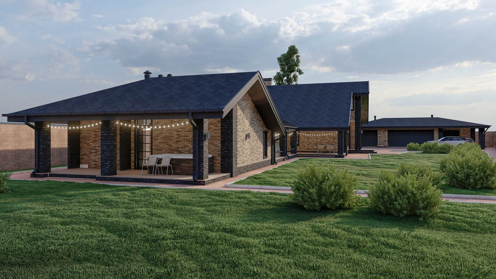 Жилой дом с мансардой, пристроенным банным комплексом и гаражным комплексом