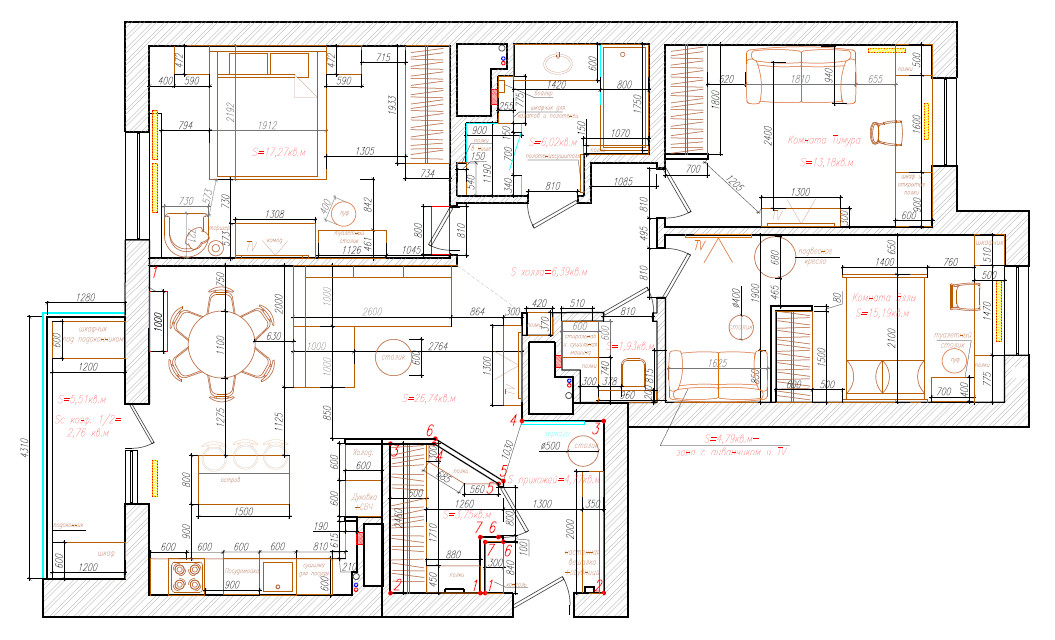 Обложка проекта: 4-к квартира 105 м² в бардовом цвете