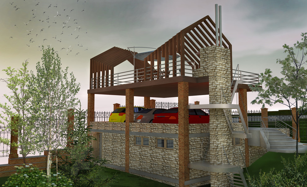 Навес для трёх авто на рельефе с цокольным этажом в Велегож- парк 2 Тульской обл