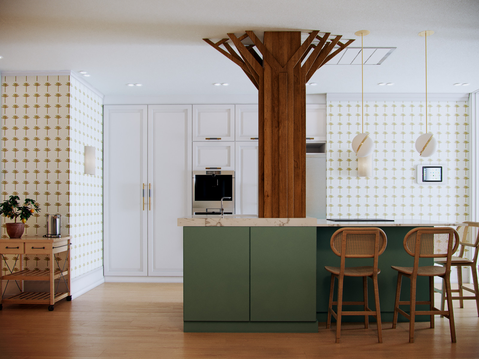 До и после: Кухня с деревом посреди острова