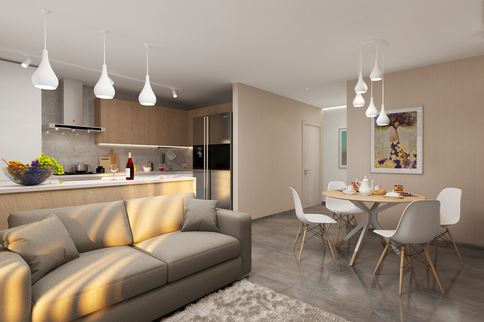 Объединенные в единое пространство кухня, столовая, гостиная.