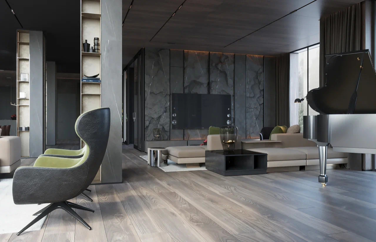 Главная зона в интерьере дома в КП Променад