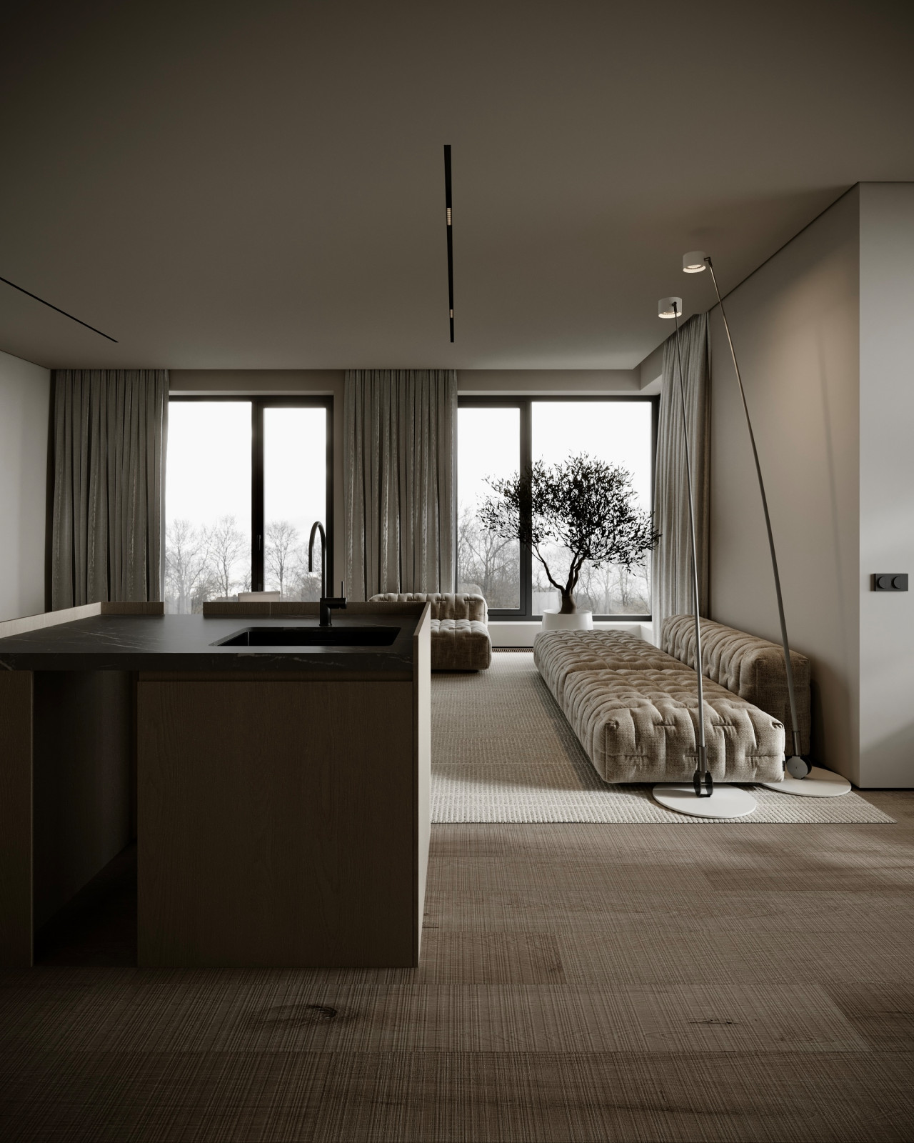 Концепт гостиной для двухкомнатной квартиры в Подмосковье