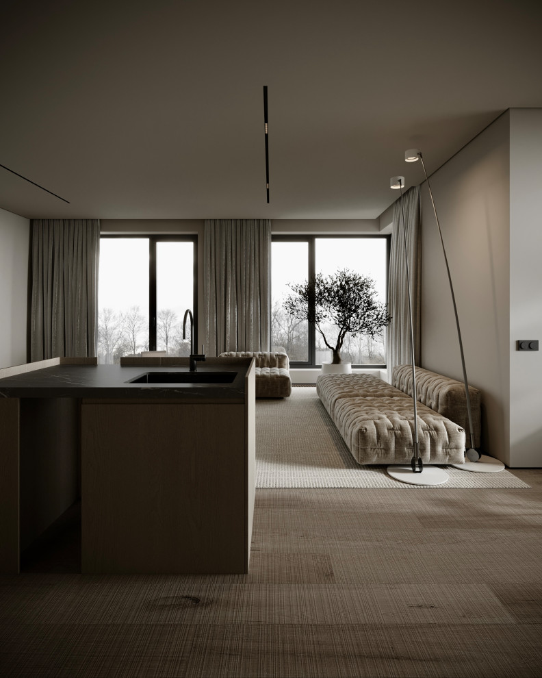 Концепт гостиной для двухкомнатной квартиры в Подмосковье