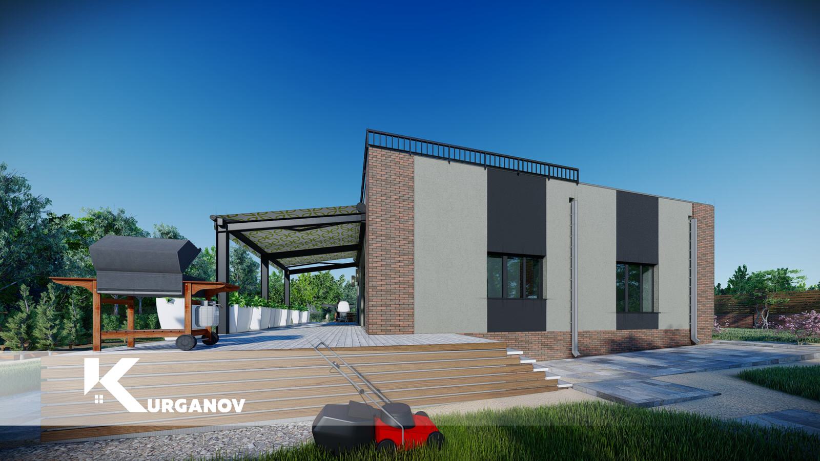 Проект жилого одноэтажного дома c плоской эксплуатируемой кровлей  гаражом и тер