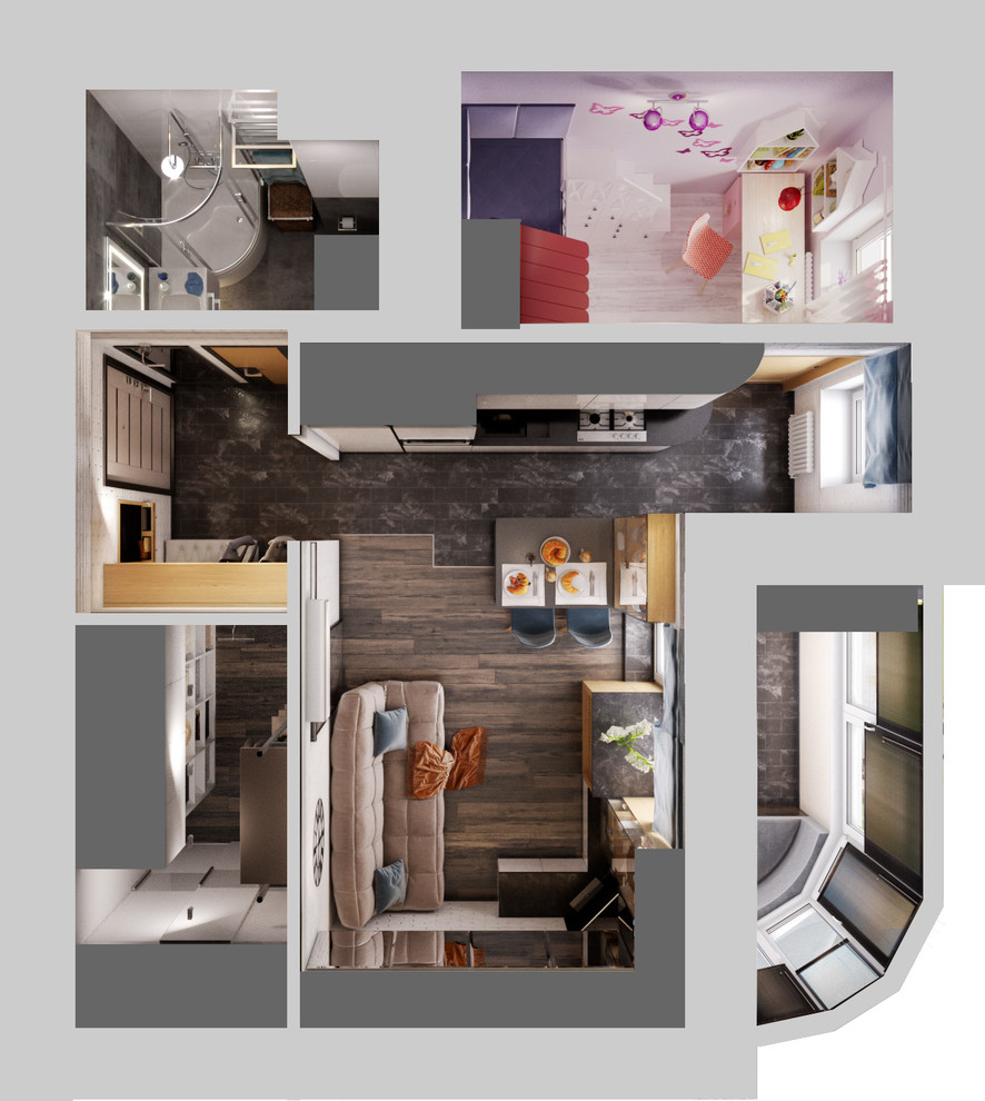 Дизайн проект квартиры 36 кв.м для молодой мамы и дочки