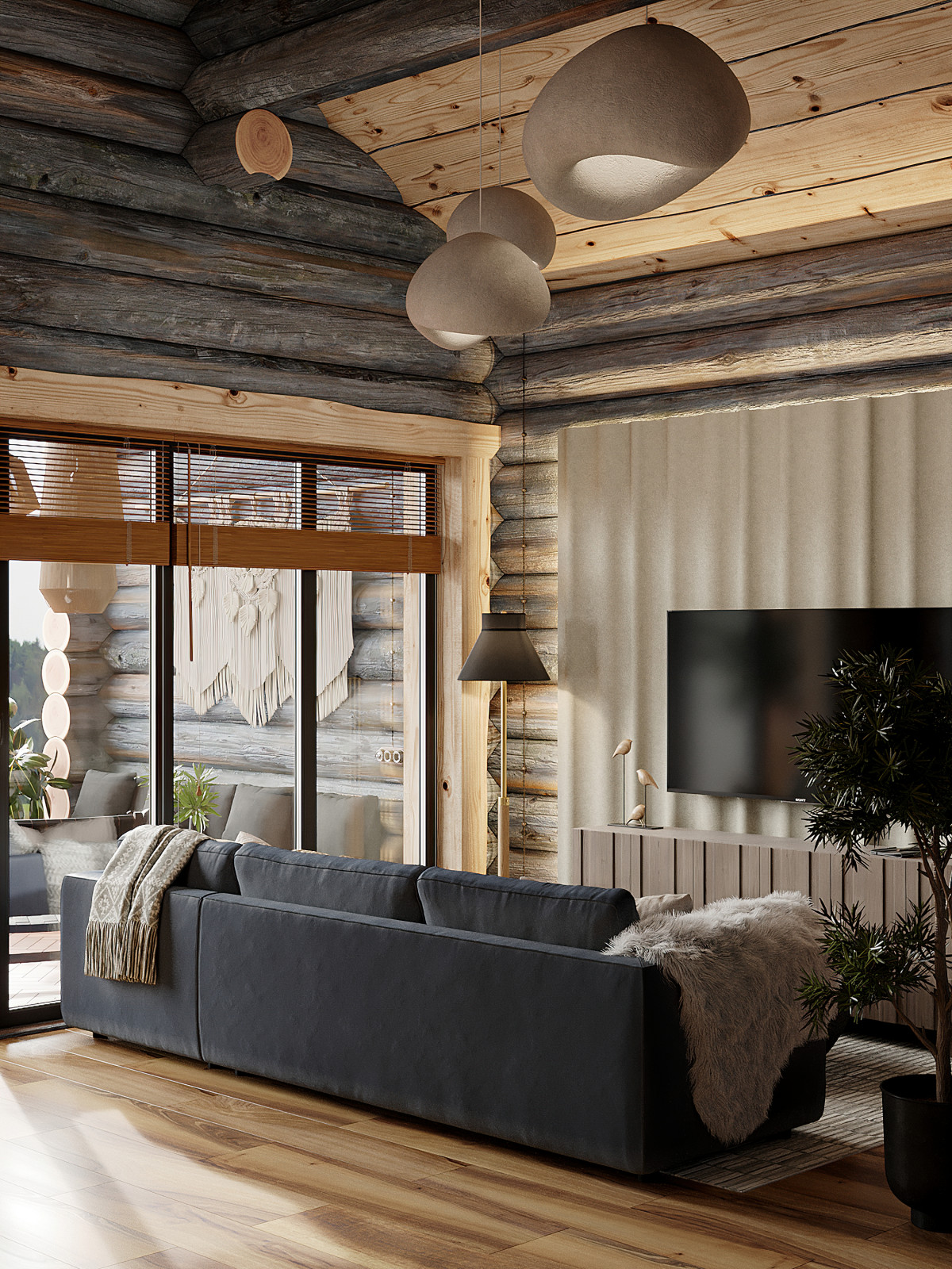 Дом из кело для рыбалки. Кухня-гостиная