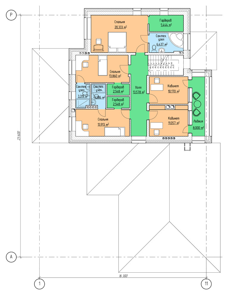 Проектирование. Двухэтажный жилой дом из кирпича с подвалом и гаражом (S=454.9м)