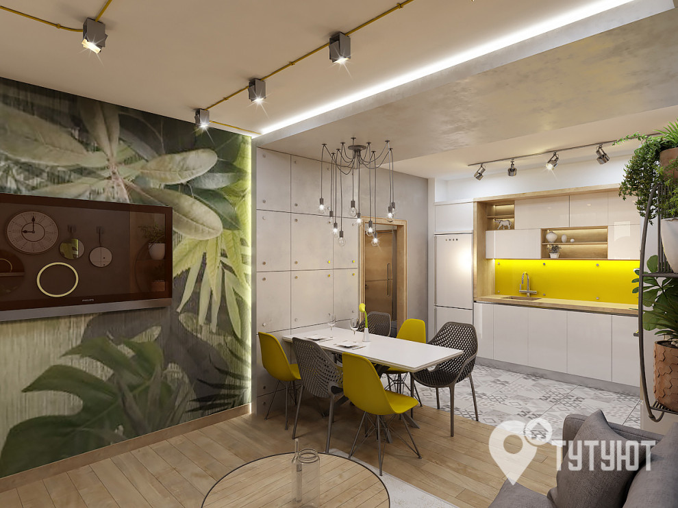 Кухня-гостиная в стиле лофт с желтым акцентом