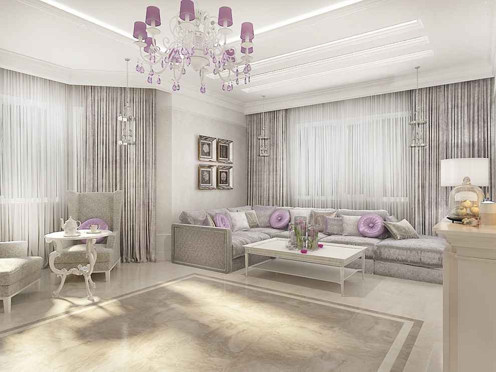 Кухня и гостиная в светлых тонах с сиреневыми акцентами