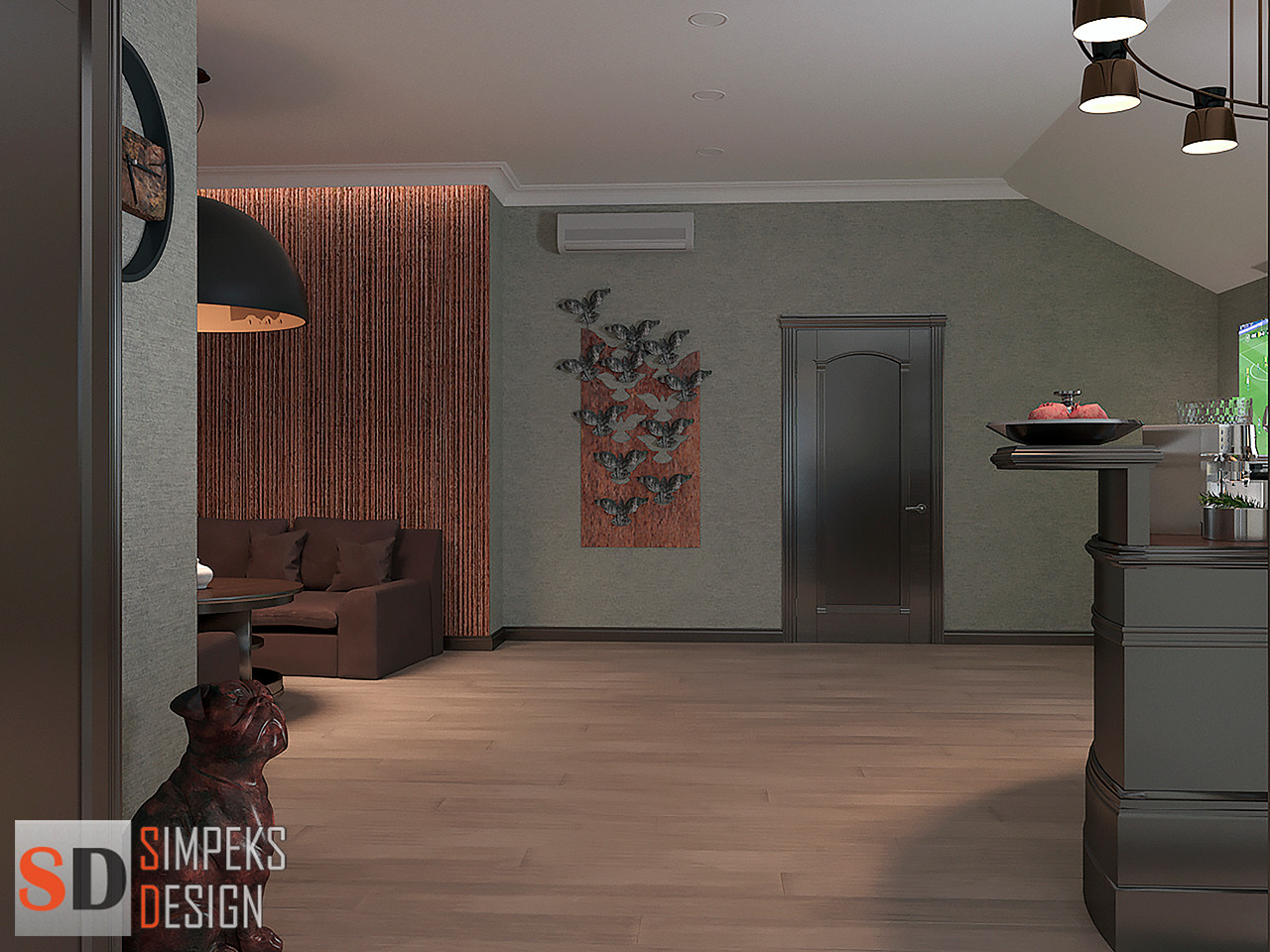 Тёмные обои на стене мини кинотеатра