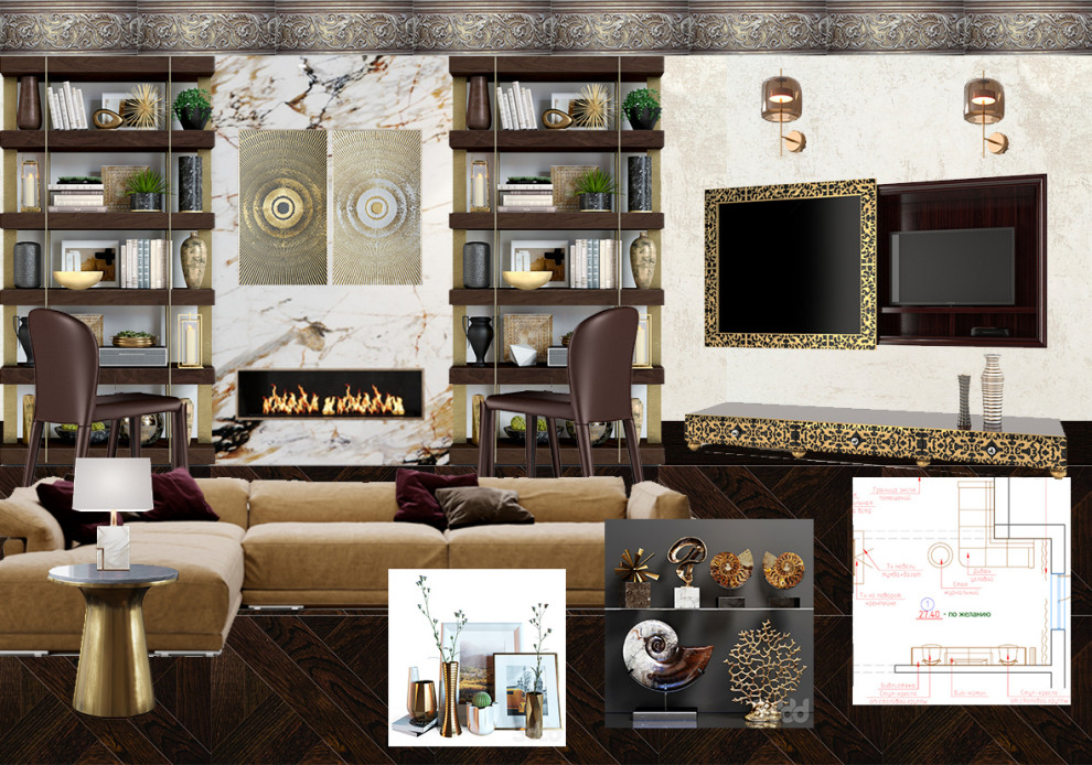 Обложка проекта: Стилевое решение черный+золото для кухни, столовой и гостиной