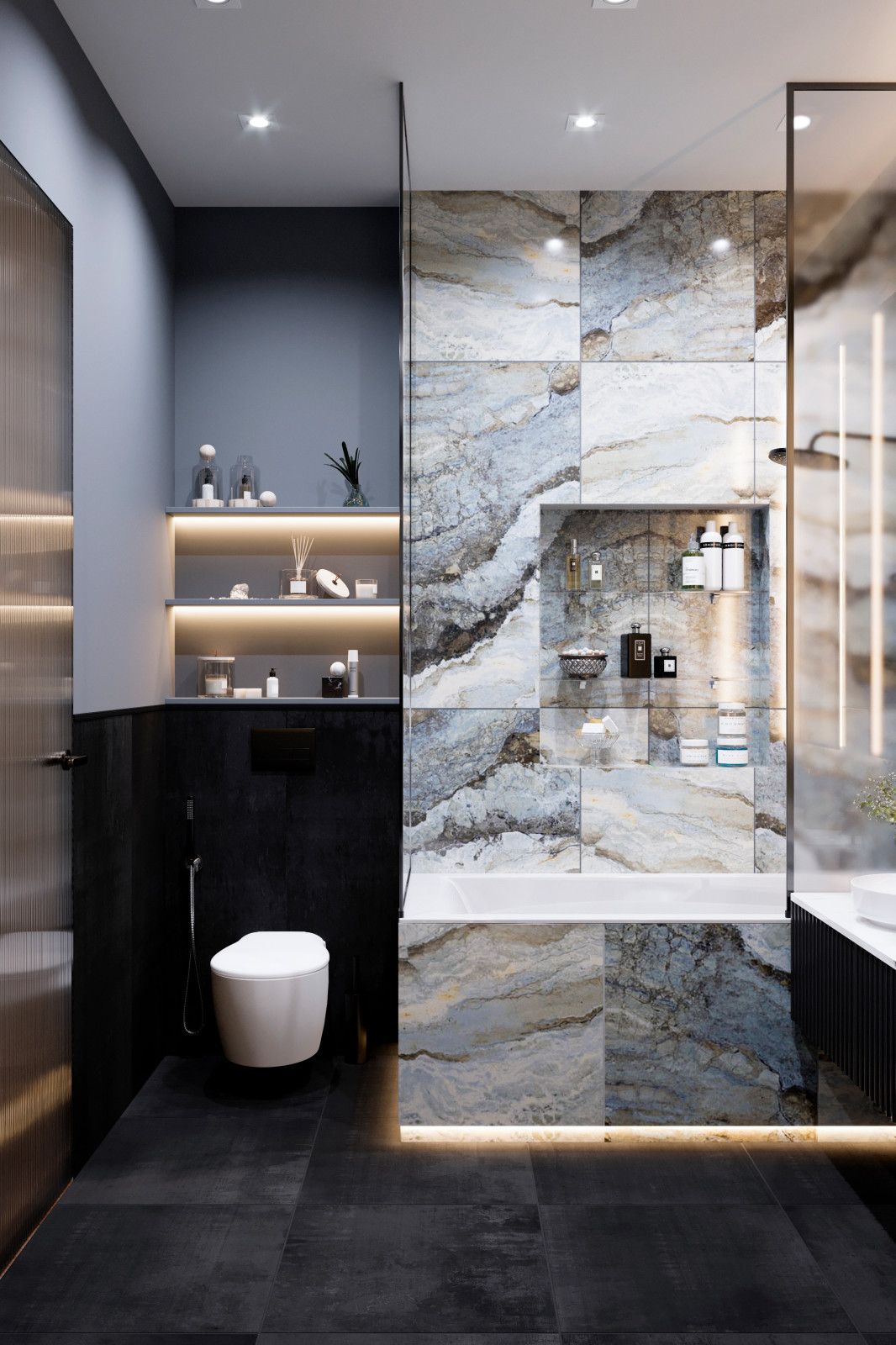 Ванная комната с гардеробной (мастер спальня). Ванная отделана керамогранитом