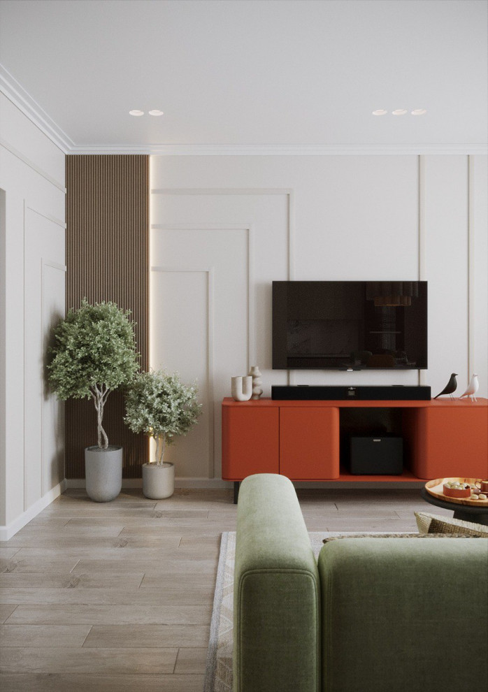 Яркий дизайн кухни-гостиной для молодой семьи