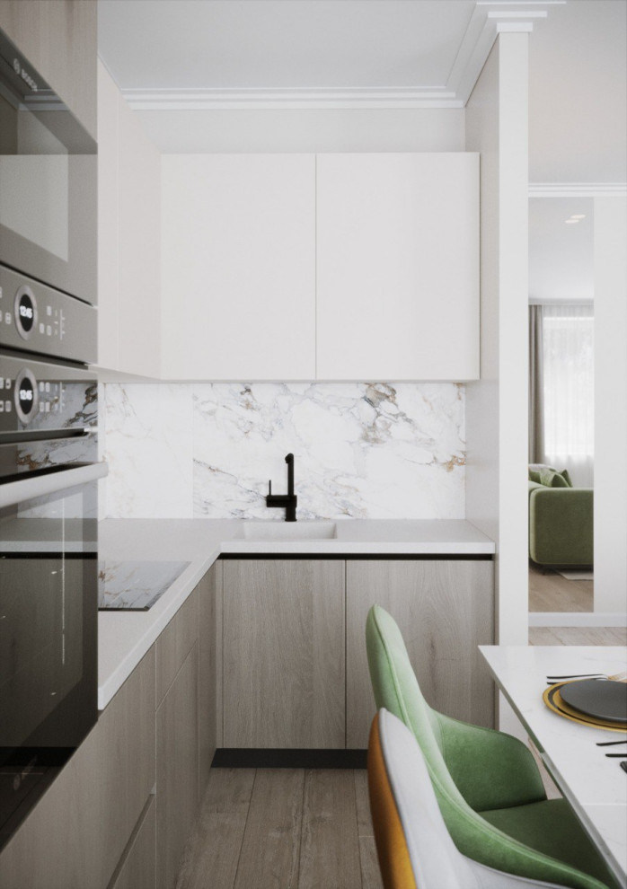 Яркий дизайн кухни-гостиной для молодой семьи