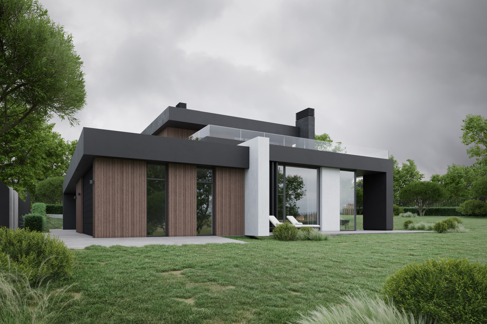 Проект современного коттеджа с плоской кровлей в КП Рублево