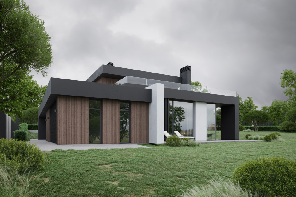 Проект современного коттеджа с плоской кровлей в КП Рублево