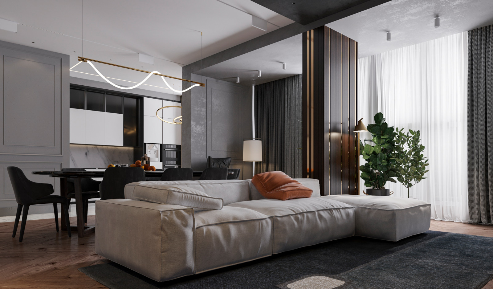 Стильная функциональная кухня-гостиная для успешного мужчины